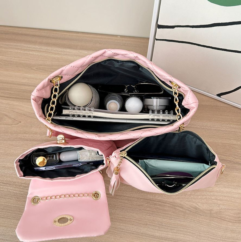 4-Piece PU Leather Rhombus Handbag Set - Large Capacity Shoulder Bag with view 5