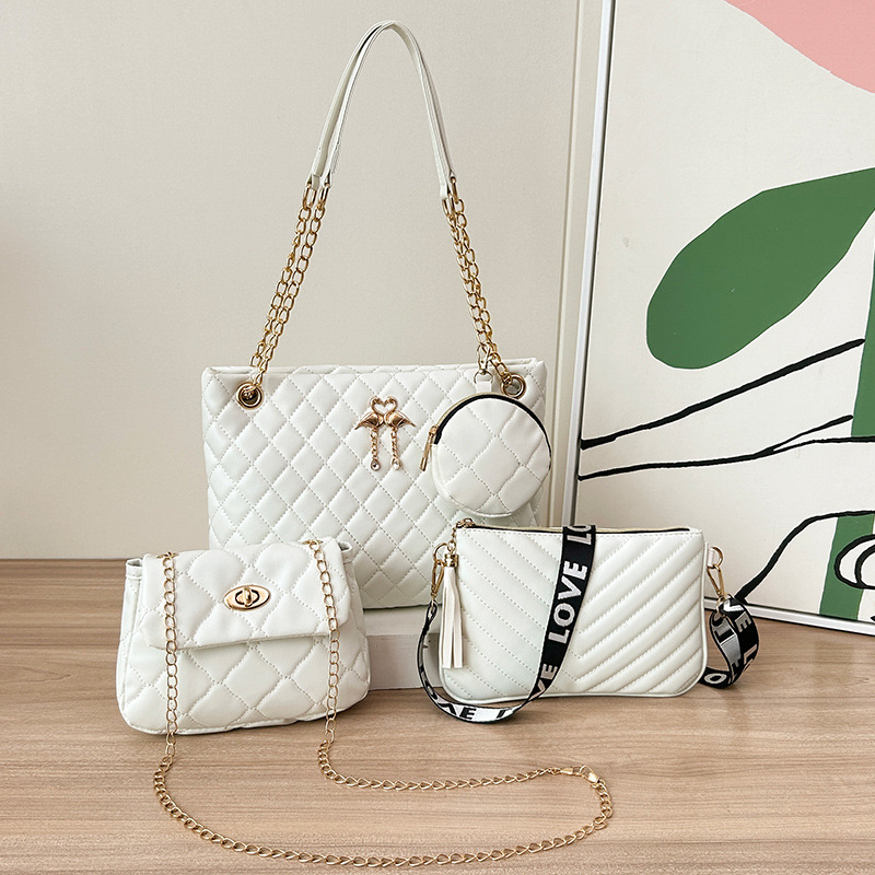 4-Piece PU Leather Rhombus Handbag Set - Large Capacity Shoulder Bag with