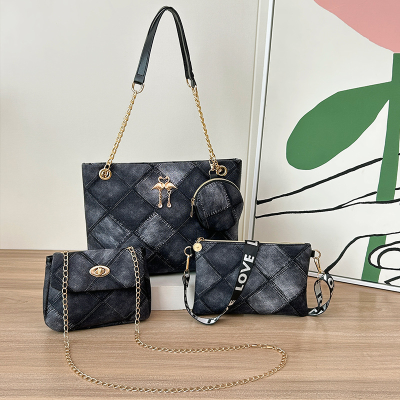 4-PCS Plaid Contrast-Color Handbag Set - Large Capacity PU Leather Shoulder