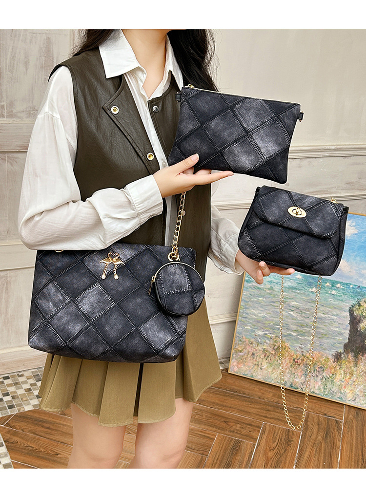 4-PCS Plaid Contrast-Color Handbag Set - Large Capacity PU Leather Shoulder view 2