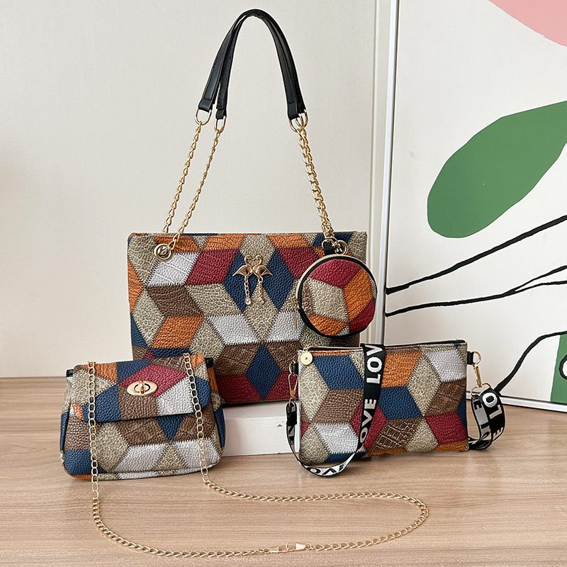 4-PCS Plaid Contrast-Color Handbag Set - Large Capacity PU Leather Shoulder