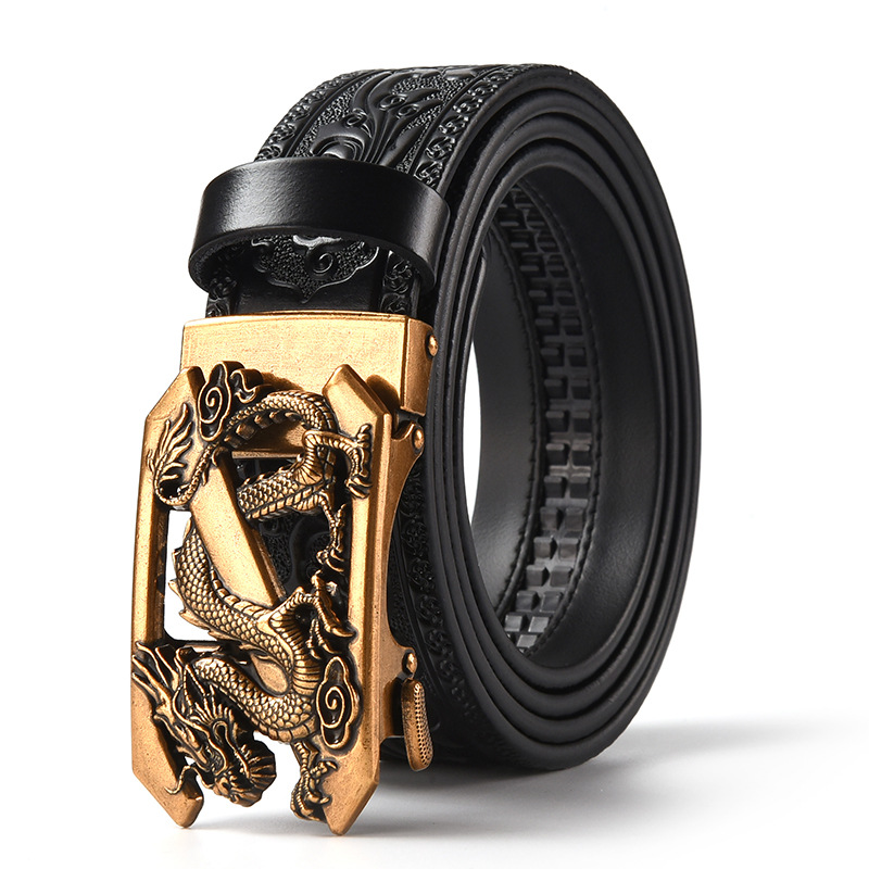 Black 120CM Men's Genuine Cowhide Vintage Carved Belt with Gold Dragon Design