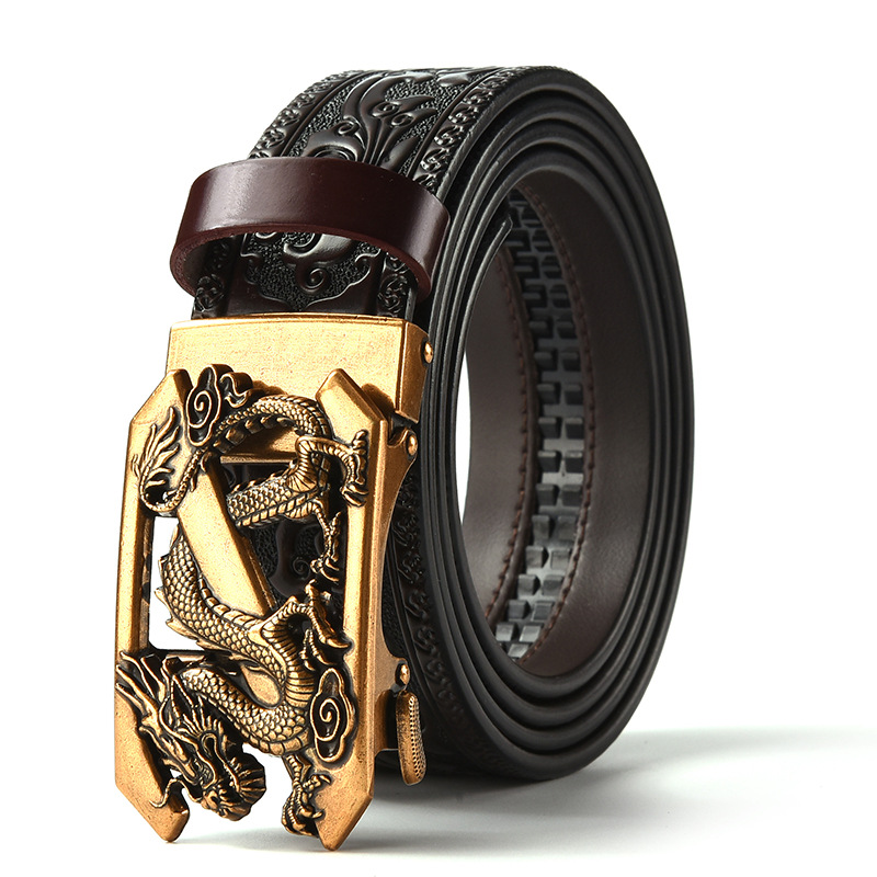 Brown 120CM Men's Genuine Cowhide Vintage Carved Belt with Gold Dragon Design