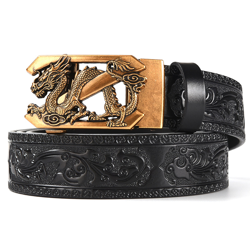 Brown 120CM Men's Genuine Cowhide Vintage Carved Belt with Sliver Dragon view 2