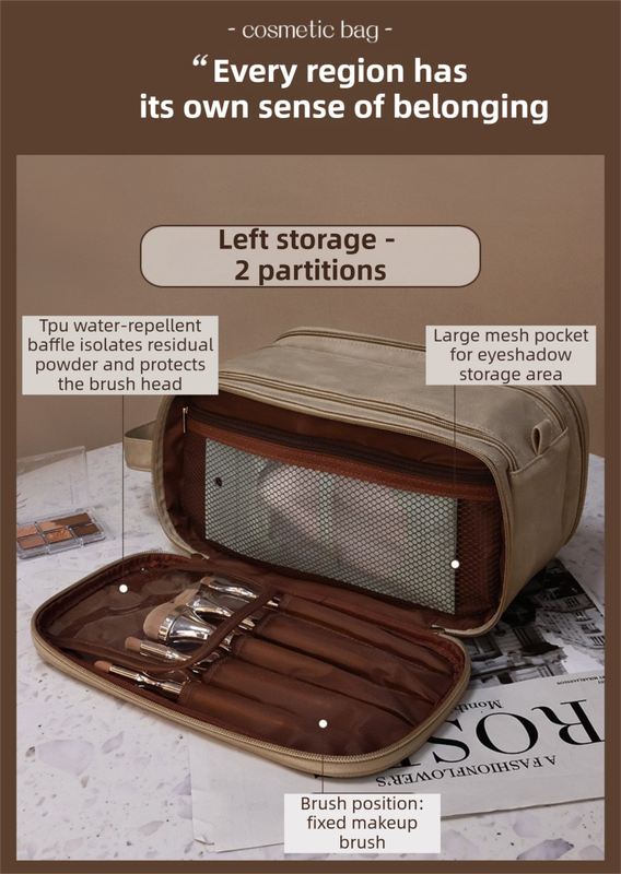 Beige Premium TPU Leather Dual-Zipper Cosmetic Bag with 3 Dry & Wet Separation view 4