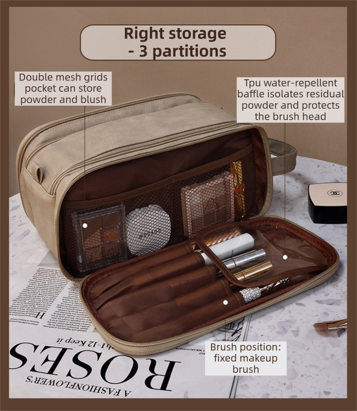 Beige Premium TPU Leather Dual-Zipper Cosmetic Bag with 3 Dry & Wet Separation view 6