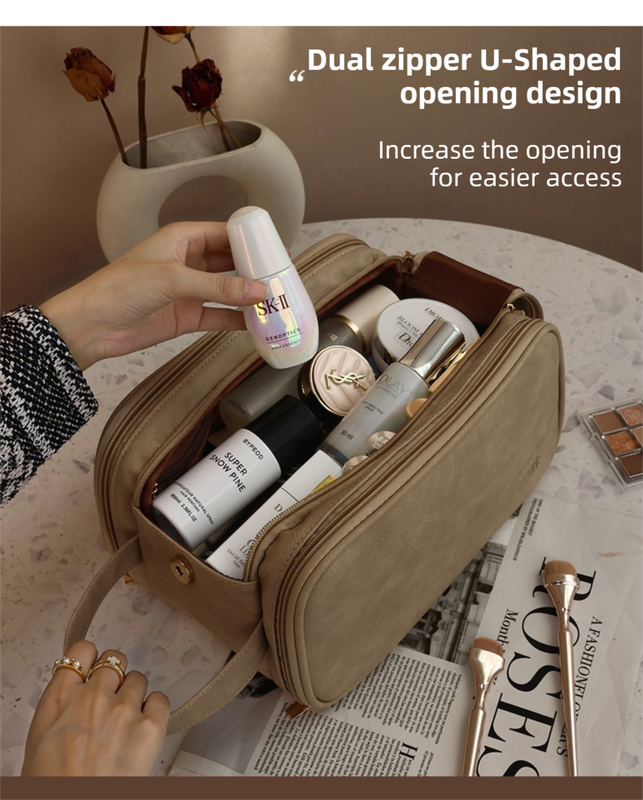 Khaki Premium TPU Leather Dual-Zipper Cosmetic Bag with 3 Dry & Wet Separation view 2