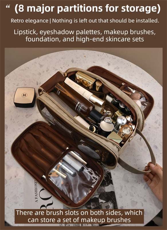 Khaki Premium TPU Leather Dual-Zipper Cosmetic Bag with 3 Dry & Wet Separation view 3