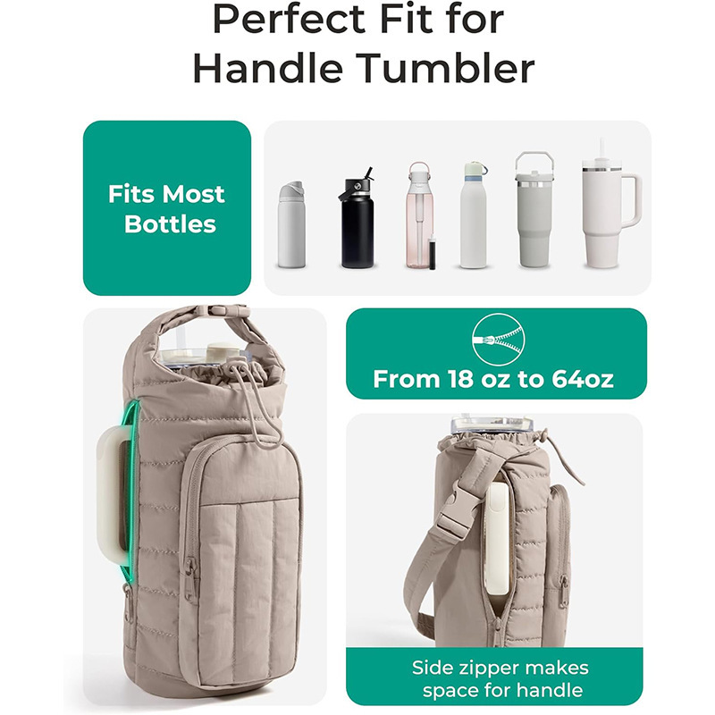 Black Nylon Quilted Insulated Water Bottle Bag for 18-64oz Flask - Lightweight view 3