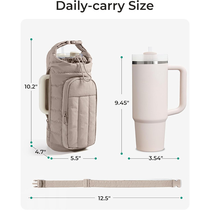 Khaki Nylon Quilted Insulated Water Bottle Bag for 18-64oz Flask - Lightweight view 5