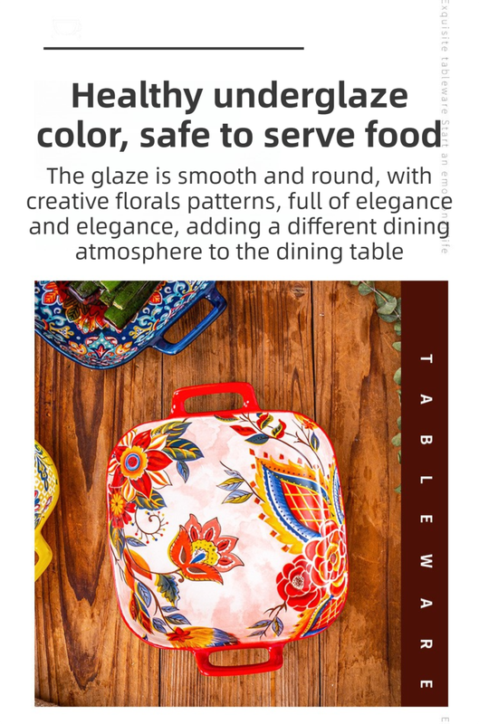 9-Inch Underglaze Ceramic Square Serving Plate with Dual Handles (Baroque) view 2
