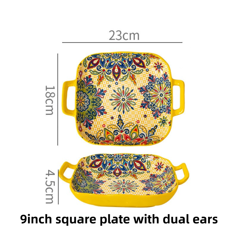 9-Inch Underglaze Ceramic Square Serving Plate with Dual Handles (Mirror — image 1