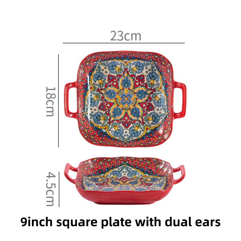 9-Inch Underglaze Ceramic Square Serving Plate with Dual Handles (Isdir Style) — image 1
