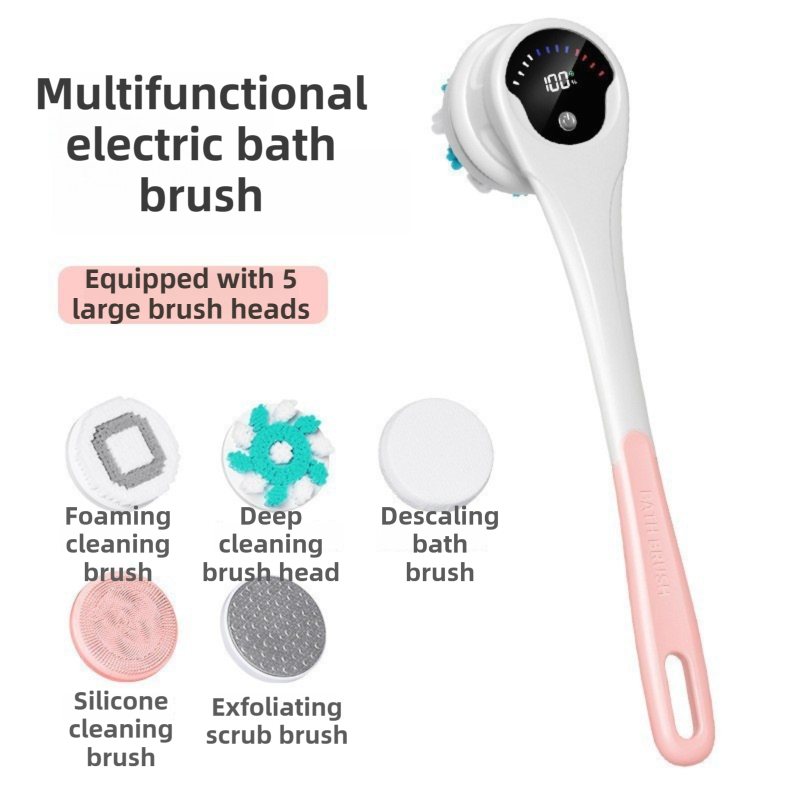 Pink Electric 360°Rotating Shower Brush with Long Handle for Back
