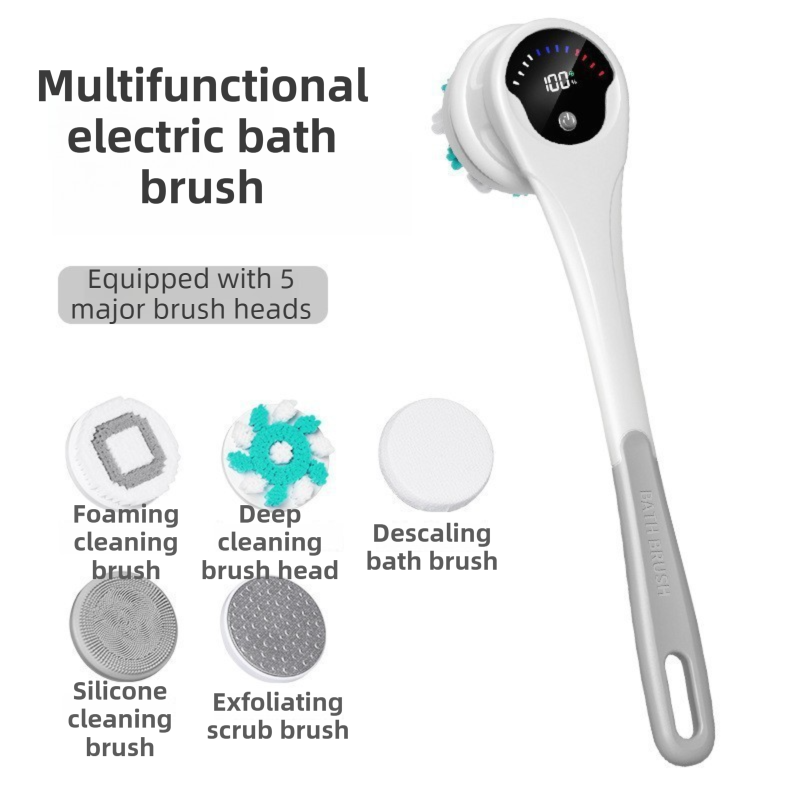 Grey Electric 360°Rotating Shower Brush with Long Handle for Back
