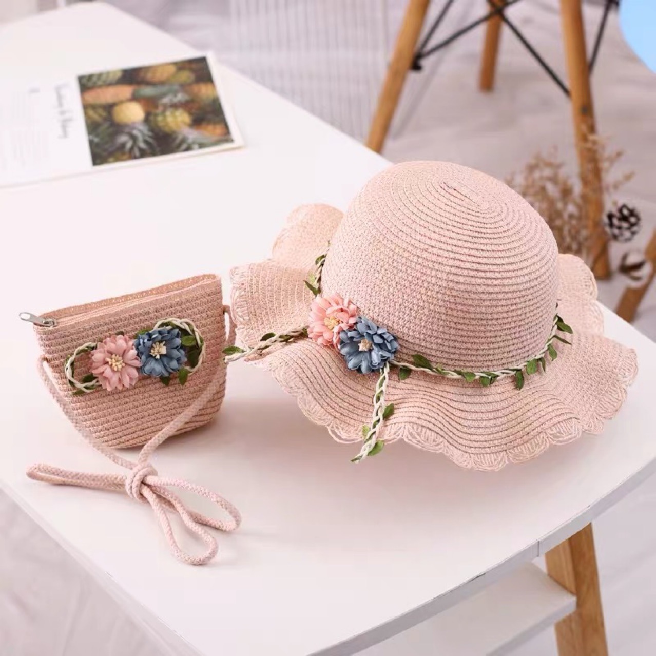 Pink Girls Summer Princess Straw Straw Hat and Matching Purse Set - Breathable
