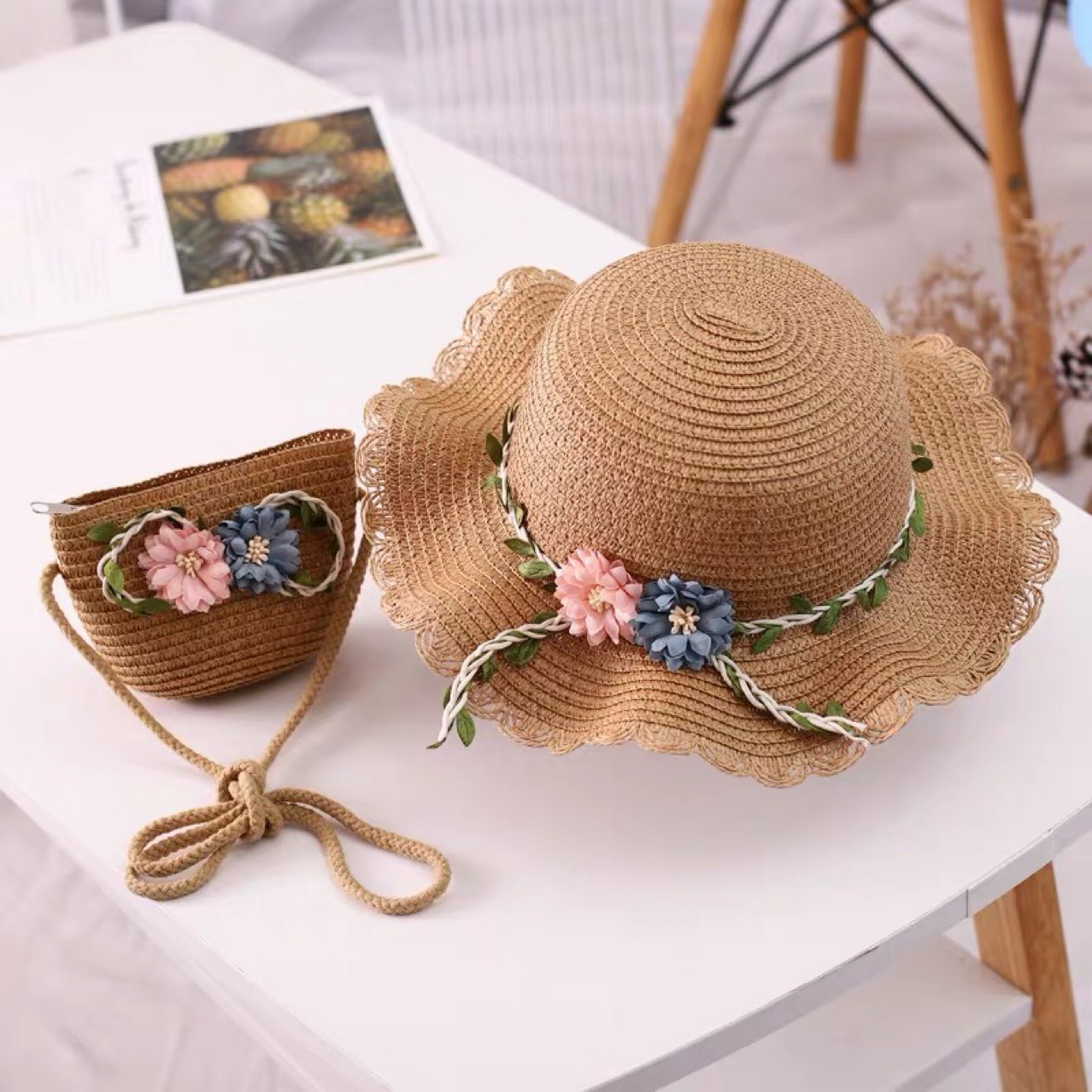 Khaki Girls Summer Princess Straw Straw Hat and Matching Purse Set