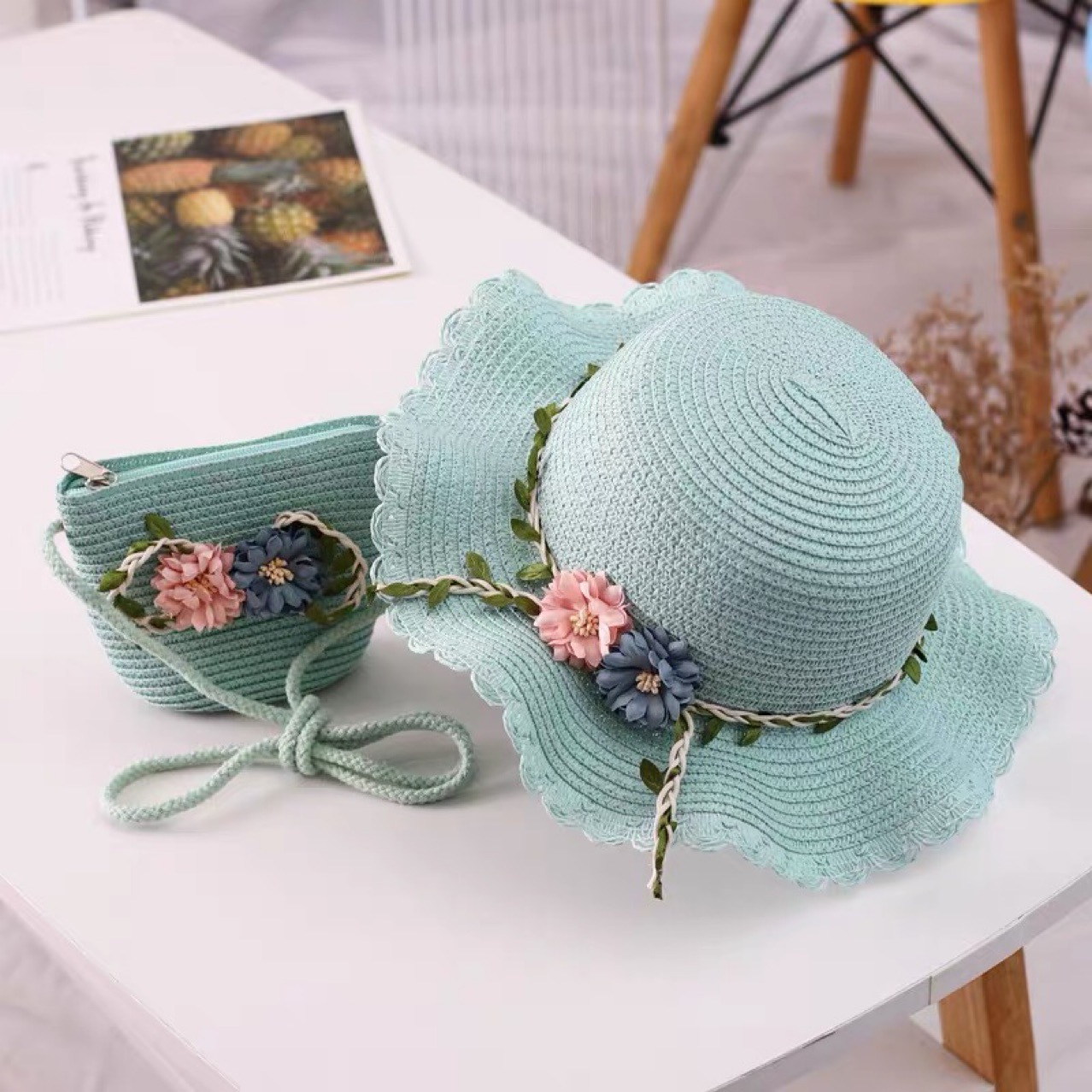 Green Girls Summer Princess Straw Straw Hat and Matching Purse Set