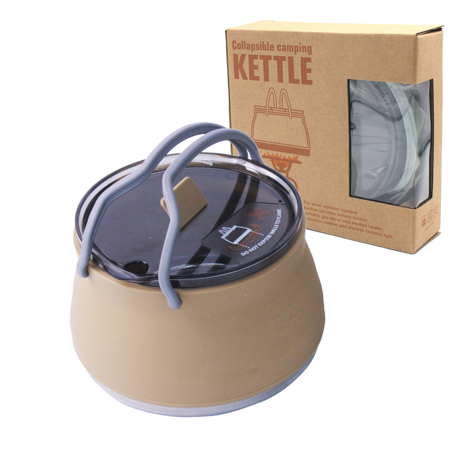Khaki 1L Portable Collapsible Camping Kettle - Food-Grade Silicone Body with
