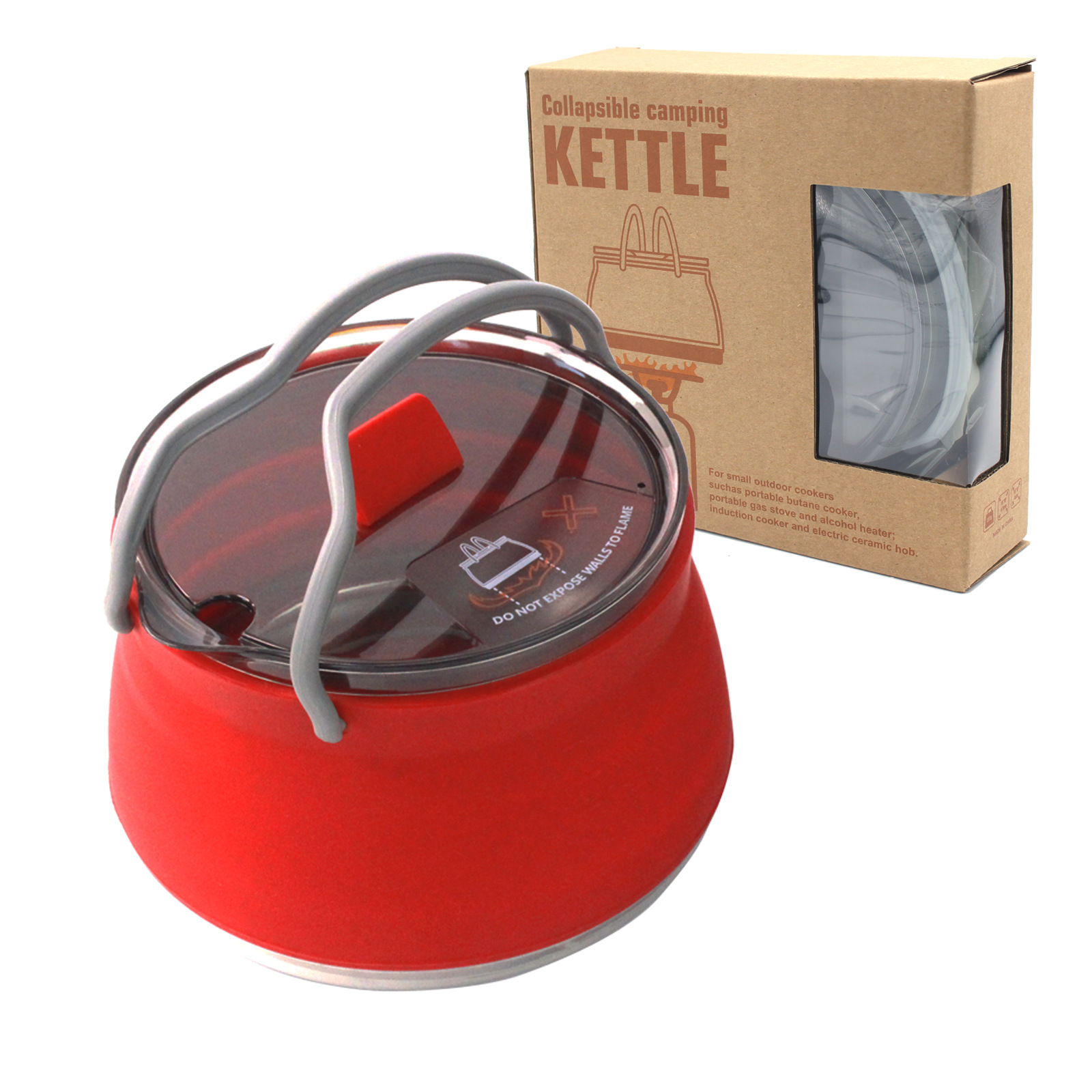 Red 1L Portable Collapsible Camping Kettle - Food-Grade Silicone Body with 304
