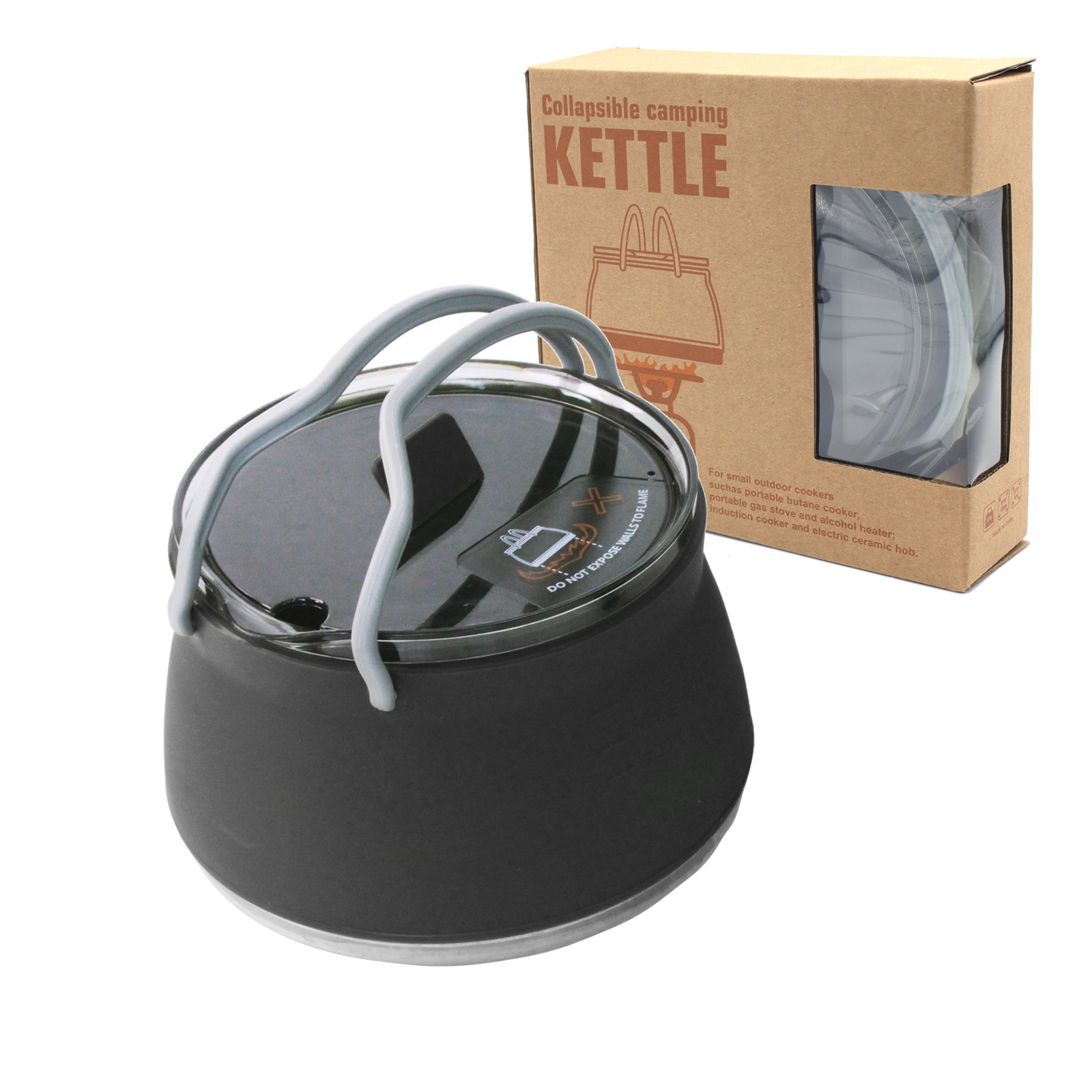 Black 1L Portable Collapsible Camping Kettle - Food-Grade Silicone Body with
