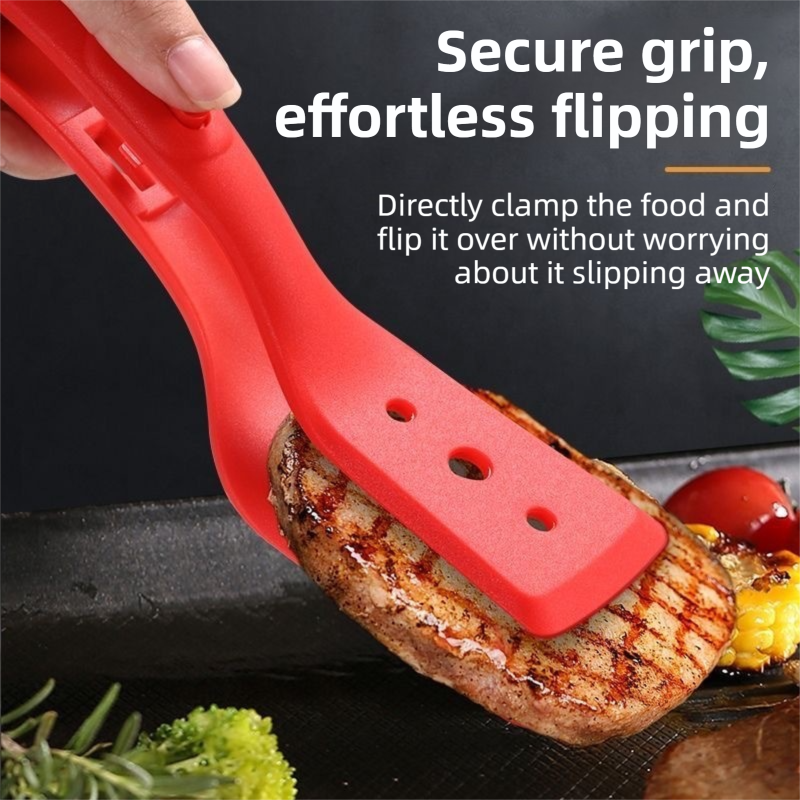 2-in-1 Red Silicone Spatula Tongs with Locking Clip & Oil Drainage - Non-Stick view 4