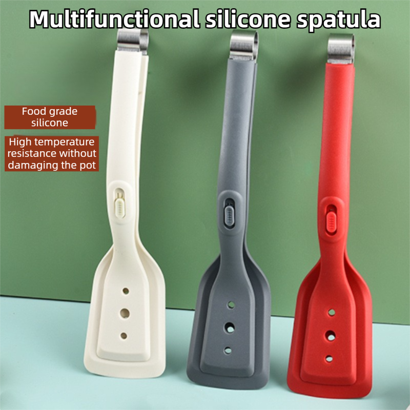 2-in-1 Black Silicone Spatula Tongs with Locking Clip & Oil Drainage view 2