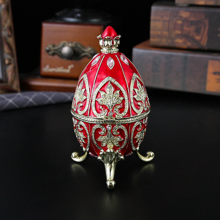 Red Vintage European Rhinestone Inlaid Embossed Enameled Jewelry Box