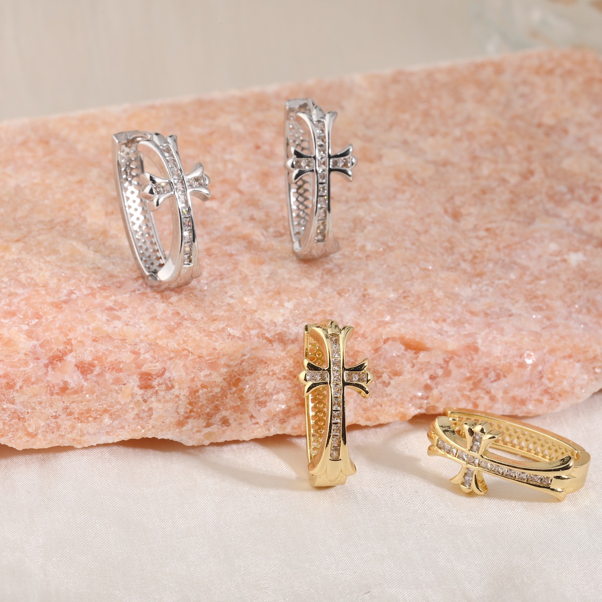 2-Pair Gold Sparkling Iced Out Rhinestone Cross Hoop Earrings - Punk Elegance view 2