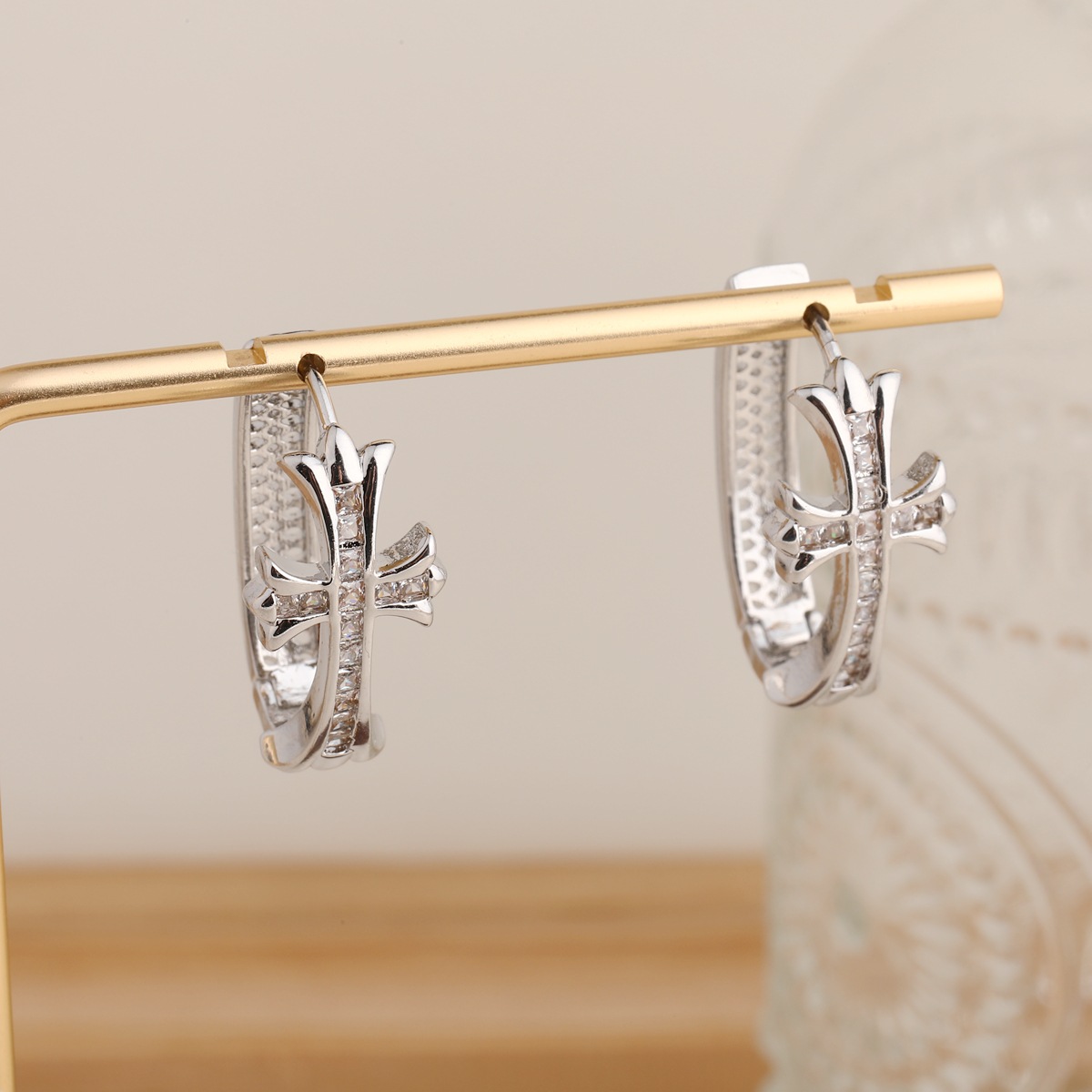 2-Pair Gold & Sliver Sparkling Iced Out Rhinestone Cross Hoop Earrings - Punk view 2