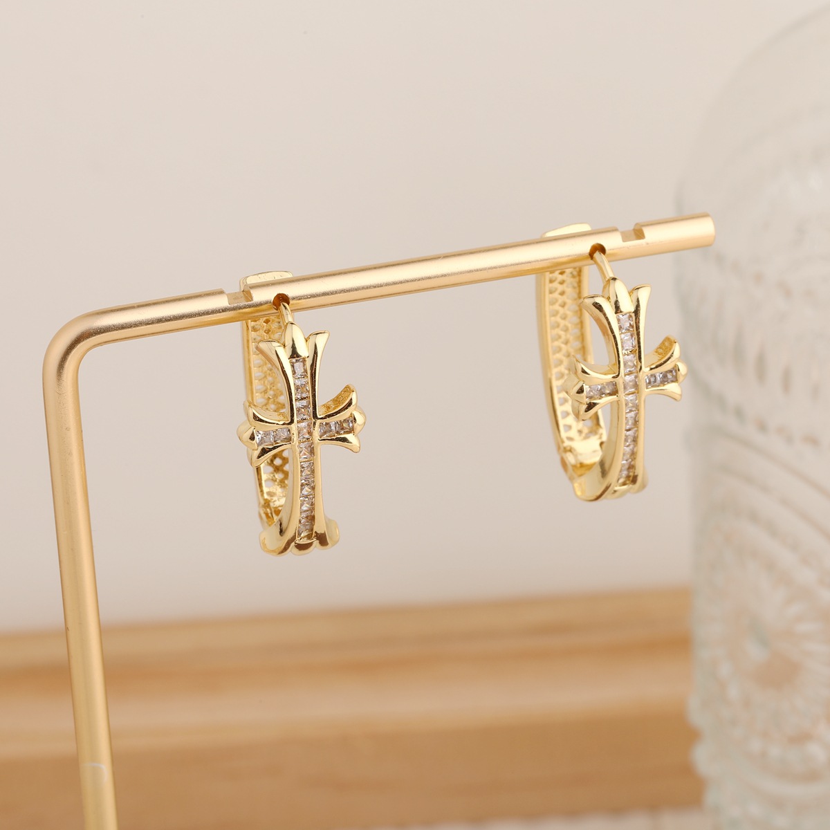 2-Pair Gold & Sliver Sparkling Iced Out Rhinestone Cross Hoop Earrings - Punk view 3