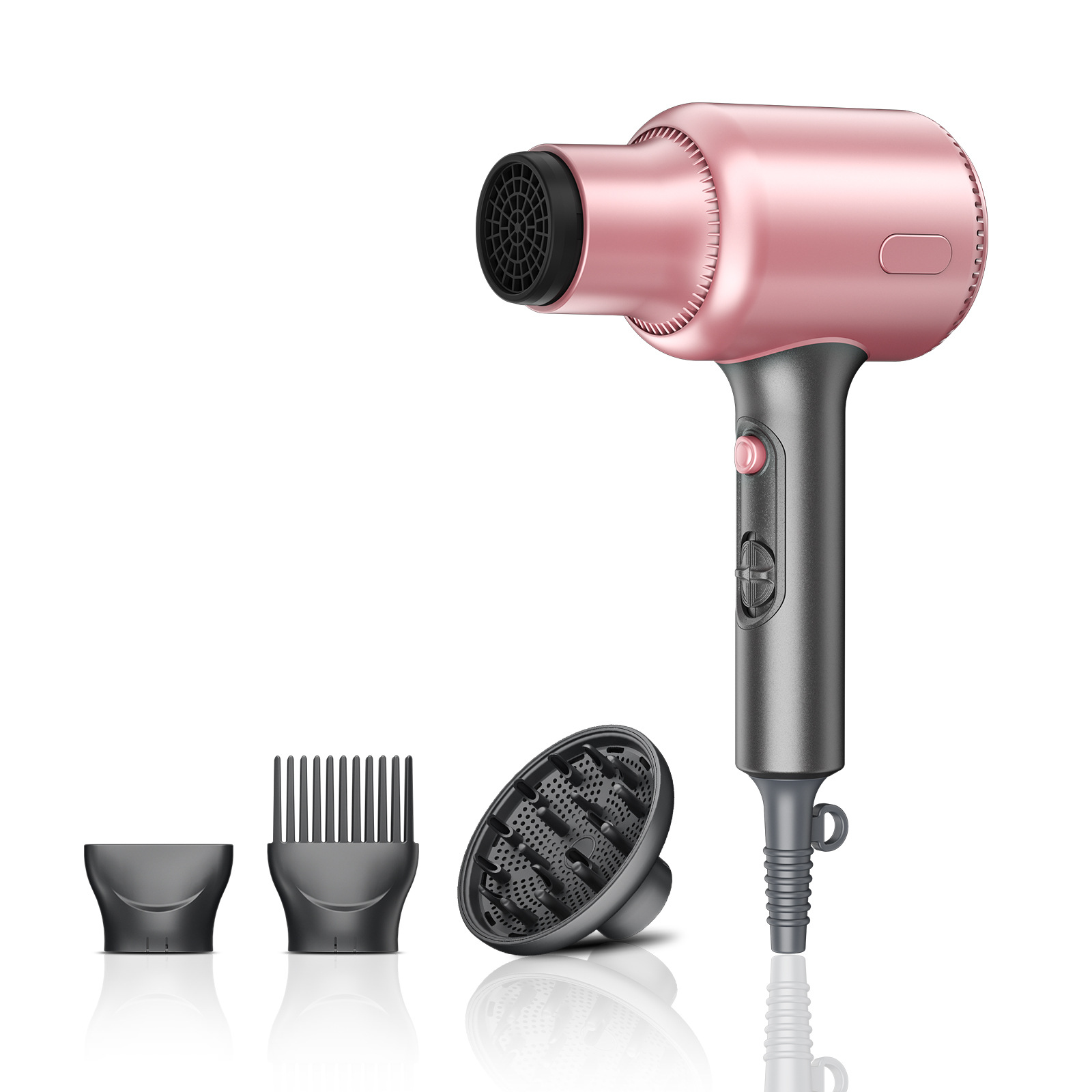 Pink Portable silent Hair Dryer with 3 Heat/Speed Settings and 3 Accessories