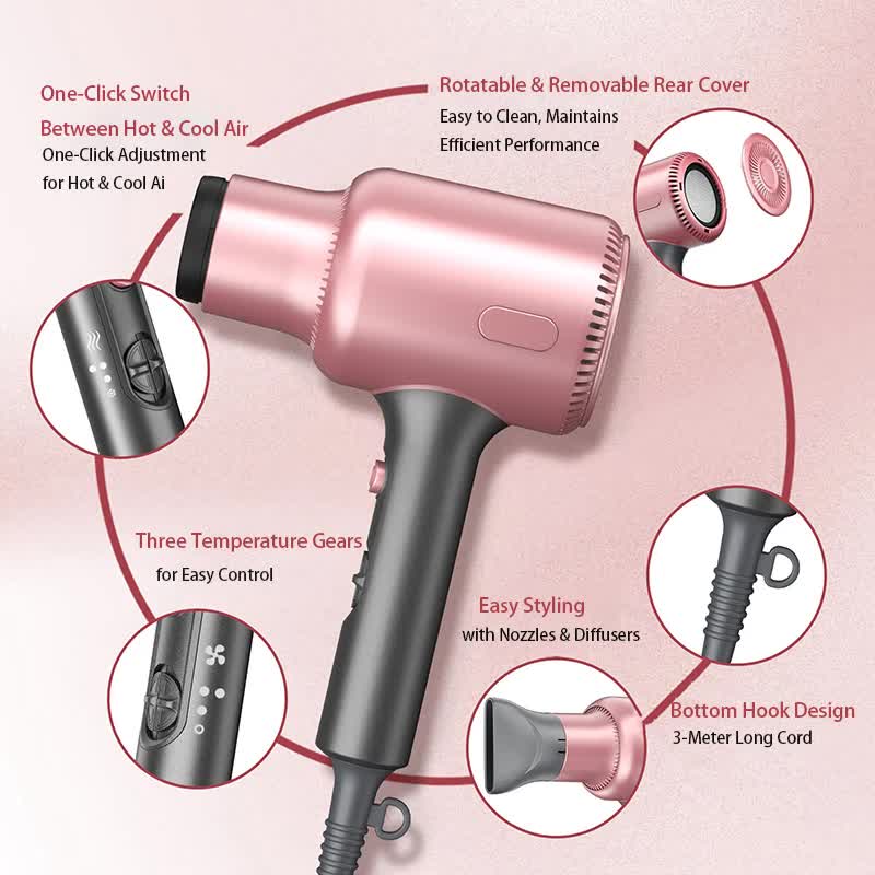 Pink Portable silent Hair Dryer with 3 Heat/Speed Settings and 3 Accessories view 2