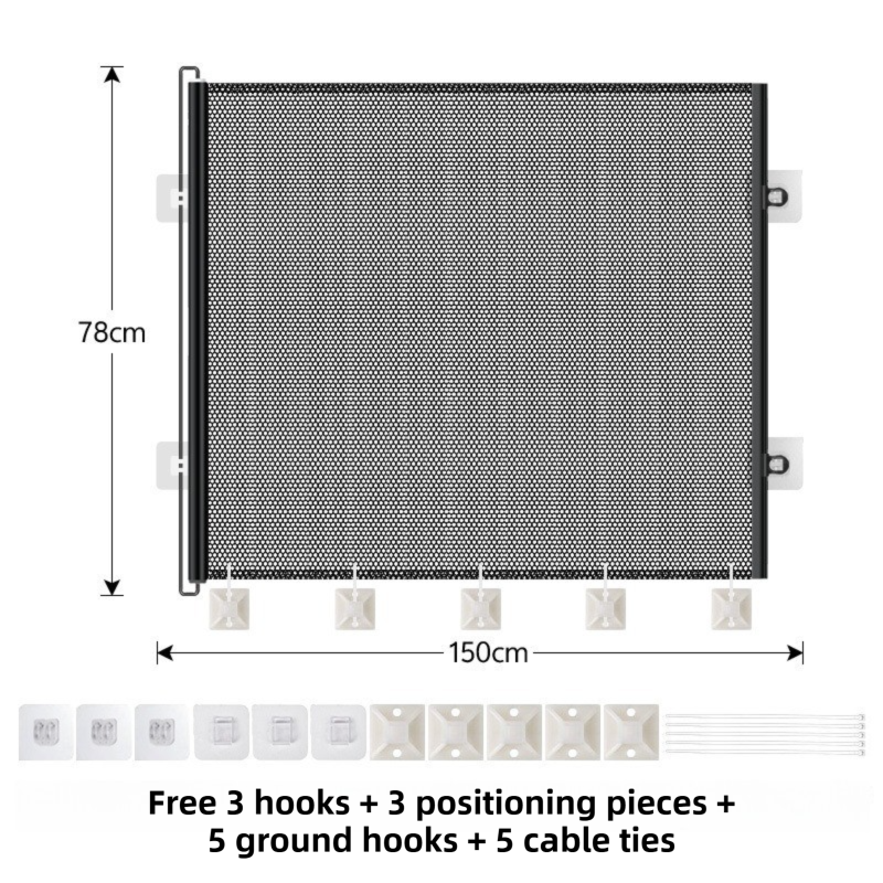 78X150CM Black Retractable Mesh Safety Gate for Pets & Babies