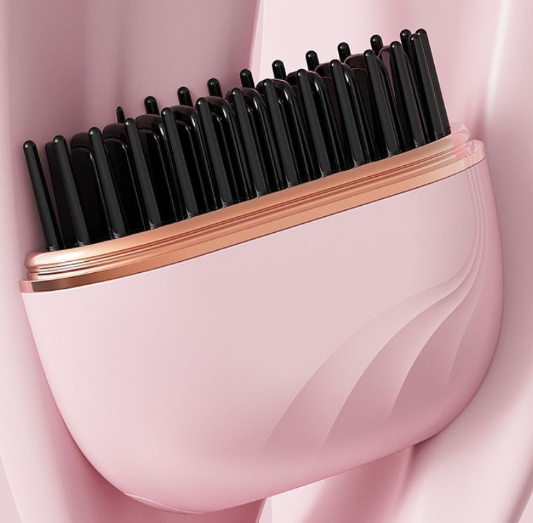 Pink Cordless Portable Hair Straightening & Curling Brush - Plant Protein