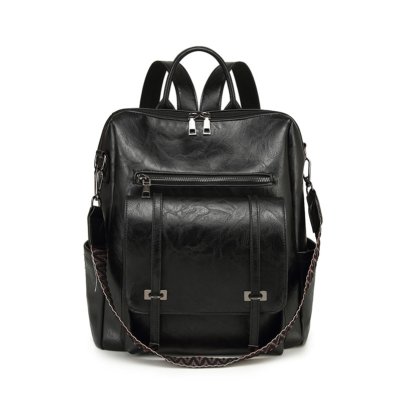 Black Retro Soft PU Leather Backpack for Women - Water-Resistant Large