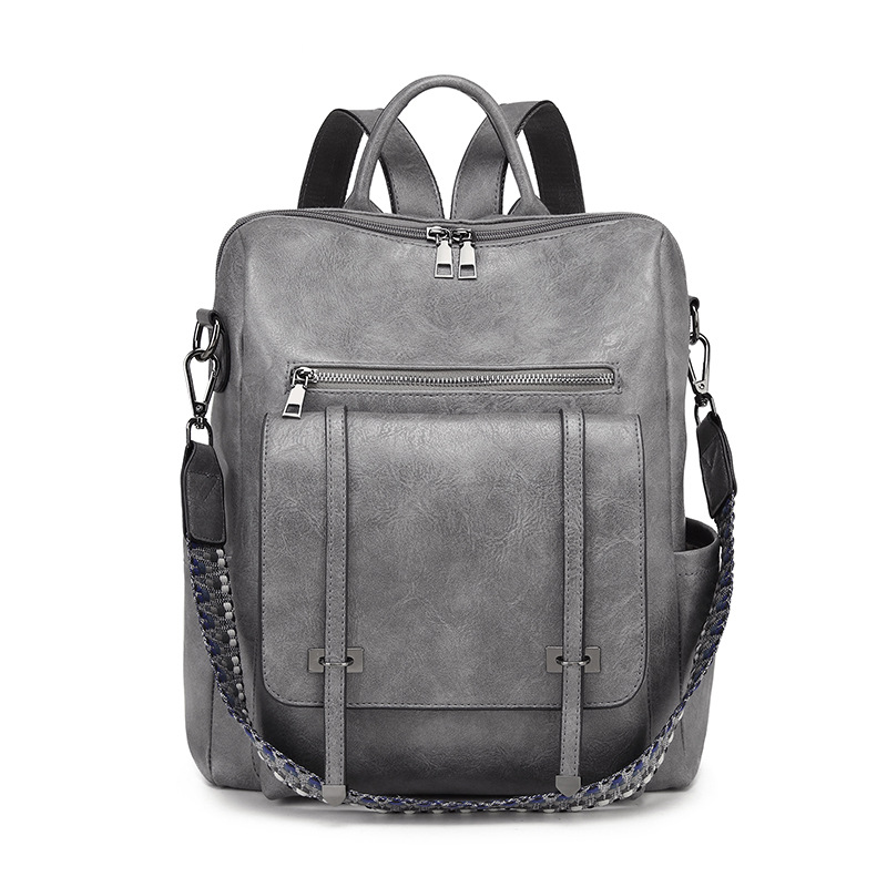 Grey Retro Soft PU Leather Backpack for Women - Water-Resistant Large Capacity