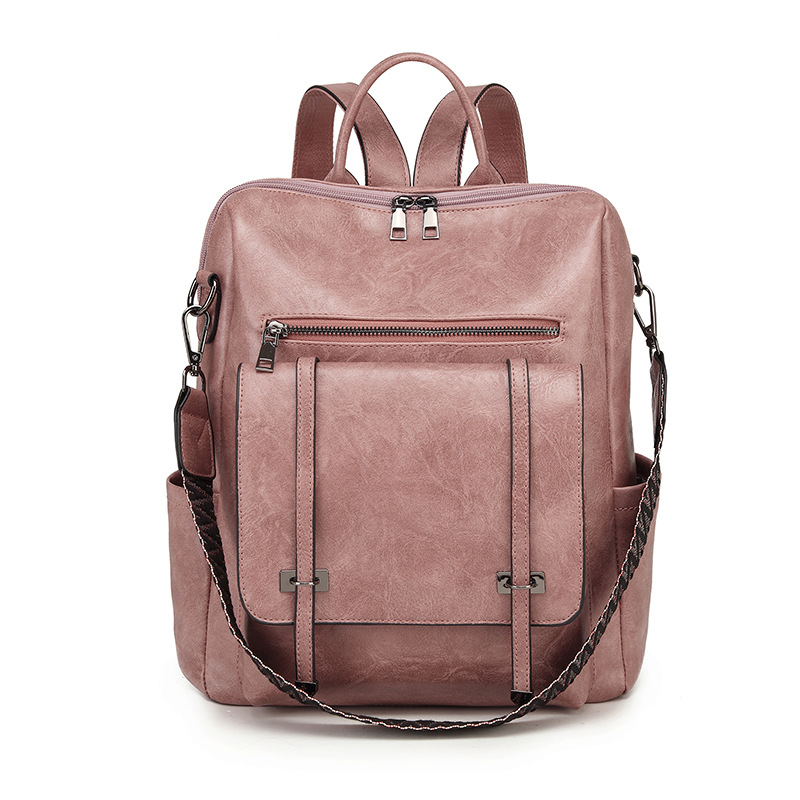Pink Retro Soft PU Leather Backpack for Women - Water-Resistant Large Capacity