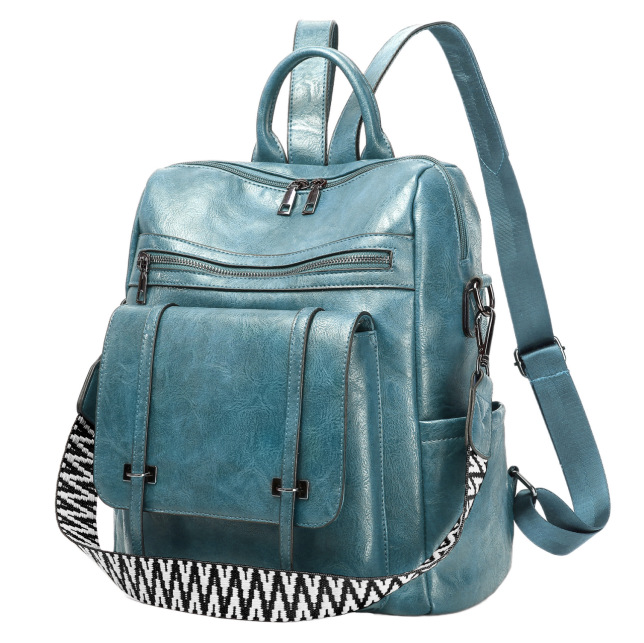 Blue & Grey Retro Soft PU Leather Backpack for Women - Water-Resistant Large