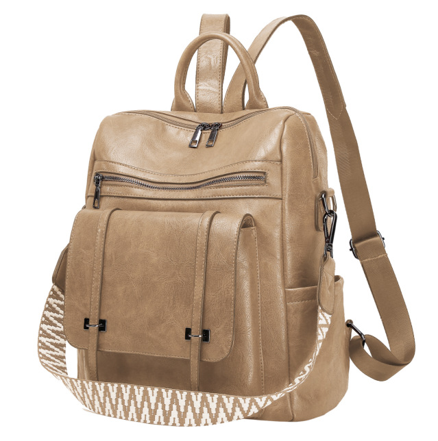 Khaki Retro Soft PU Leather Backpack for Women - Water-Resistant Large