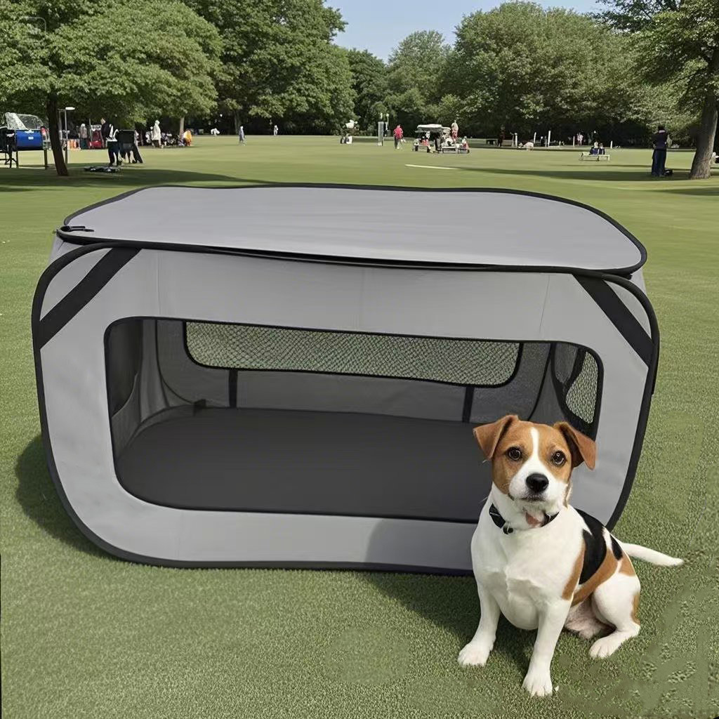 Grey Instant Pop-Up Foldable 4-Sided Pet Playpen & Car Crate - Breathable