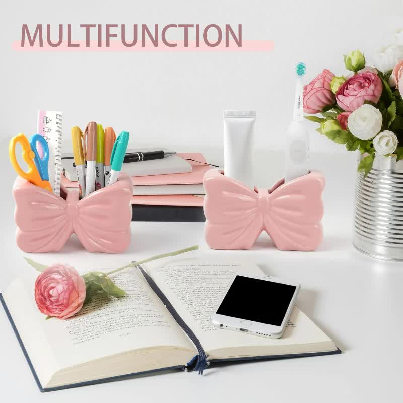 Pink Chic Bowknot 2-Slot Toothbrush Holder - Resin Retro Cute Desktop view 3