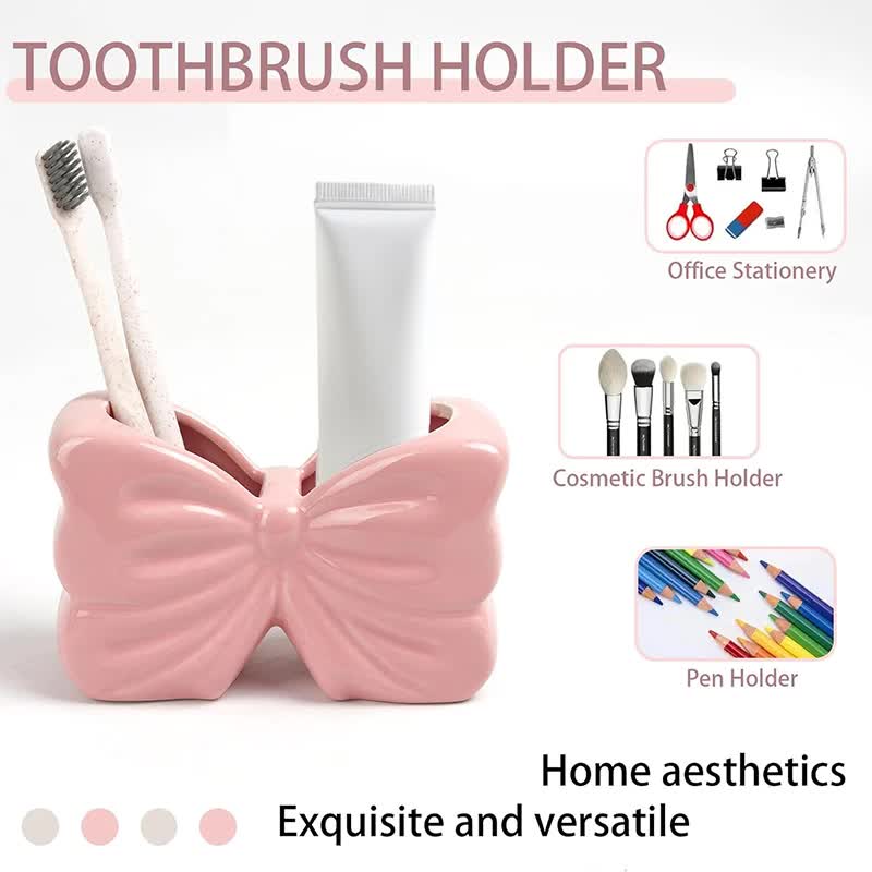 2-Pack Pink & White Chic Bowknot 2-Slot Toothbrush Holder - Resin Retro Cute view 2