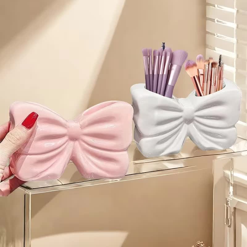2-Pack Pink & White Chic Bowknot 2-Slot Toothbrush Holder - Resin Retro Cute view 4
