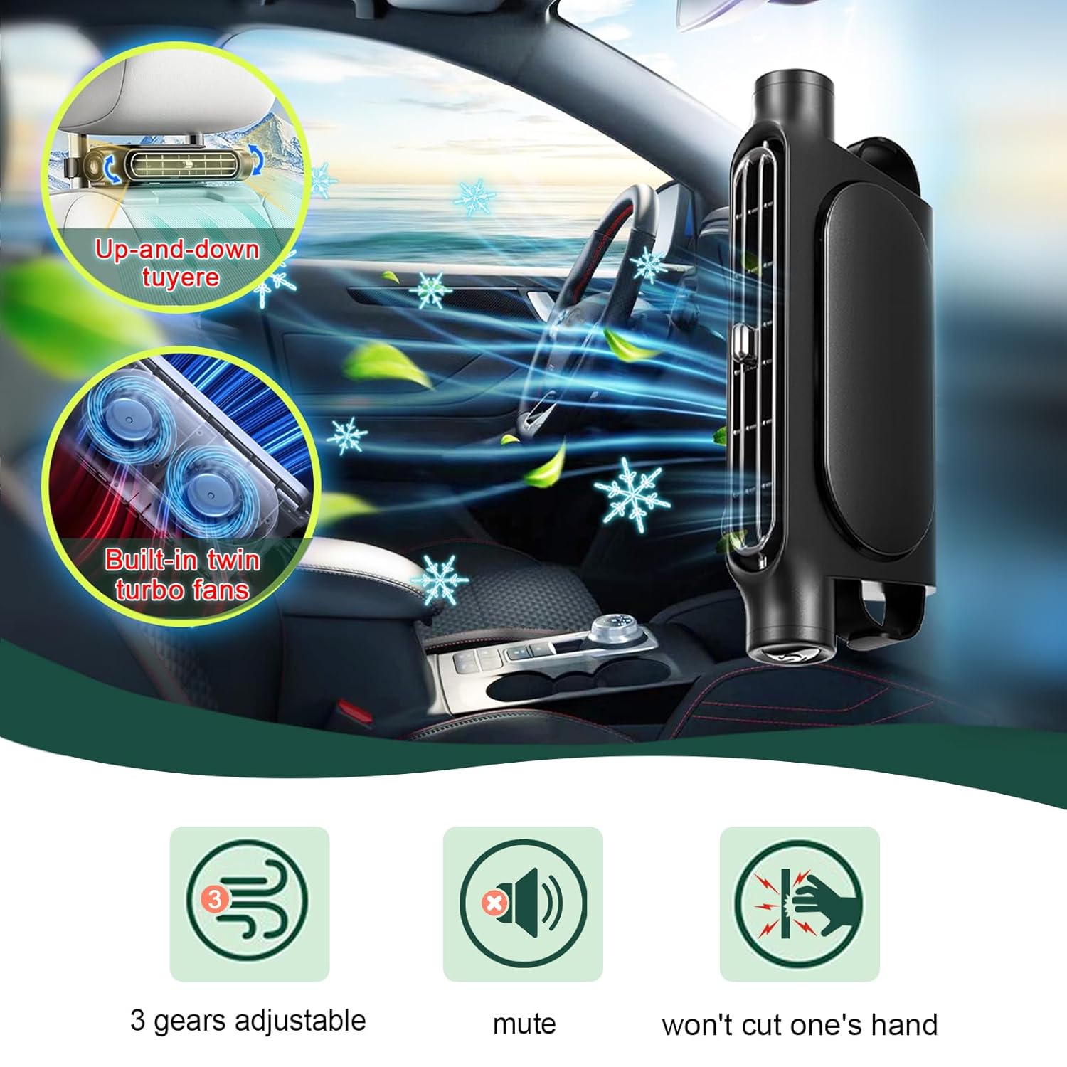 Black Cordless Dual-Turbo Car Seat Cooling Fan with Velcro Mount - Powerful view 4