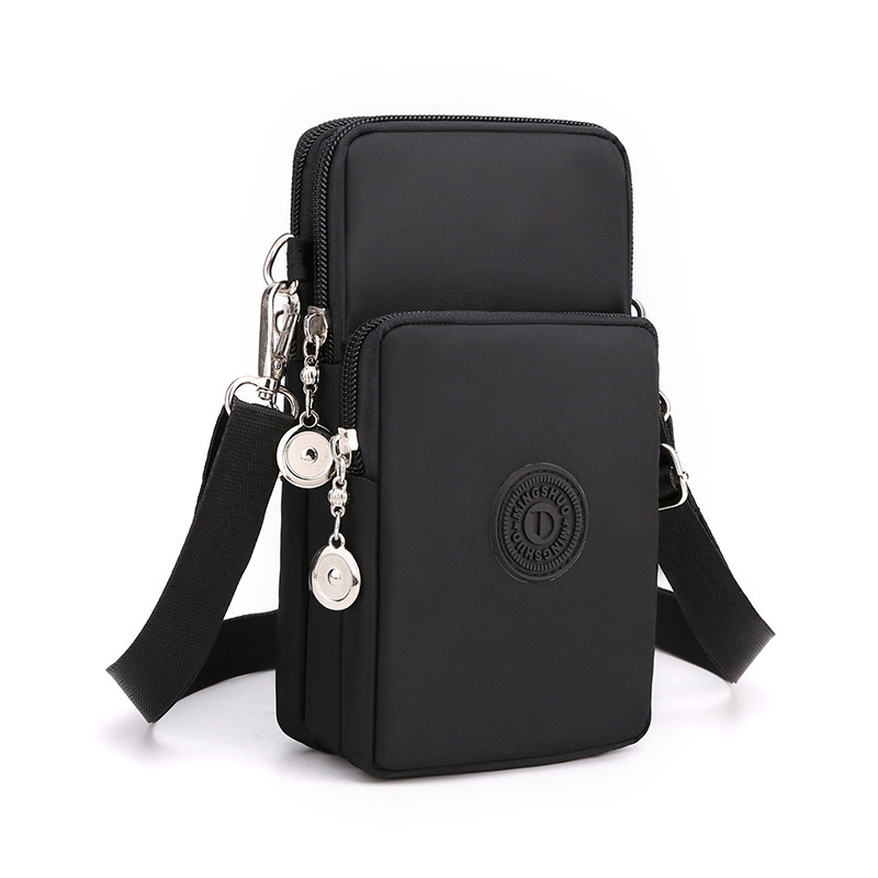 Black 3-Layer Waterproof Nylon Vertical Crossbody Phone Bag - Lightweight