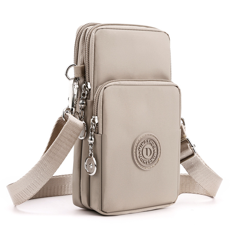 Khaki 3-Layer Waterproof Nylon Vertical Crossbody Phone Bag - Lightweight