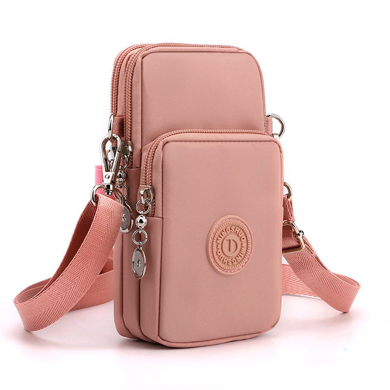 Pink 3-Layer Waterproof Nylon Vertical Crossbody Phone Bag - Lightweight Phone