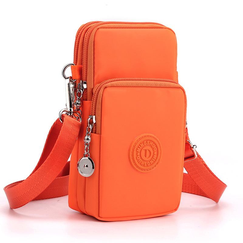 Orange 3-Layer Waterproof Nylon Vertical Crossbody Phone Bag - Lightweight