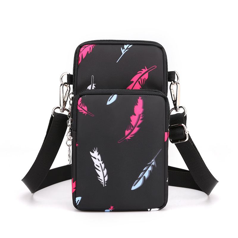 Black Feather 3-Layer Waterproof Nylon Vertical Crossbody Phone Bag